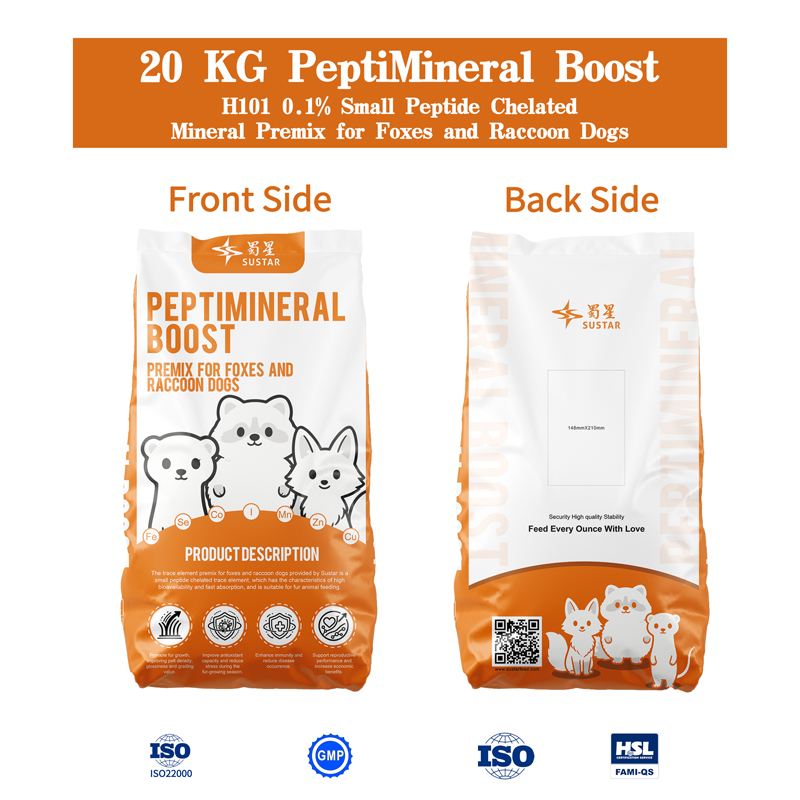 small peptide chelated mineral premix, trace mineral premix for foxes, raccoon dog feed additives, chelated trace elements for fur animals, organic mineral premix, high bioavailability mineral premix, animal feed additives China, SUSTAR PeptiMineral Boost, H101 premix, small peptide chelates for livestock, mineral premix for carnivores, fur animal nutrition