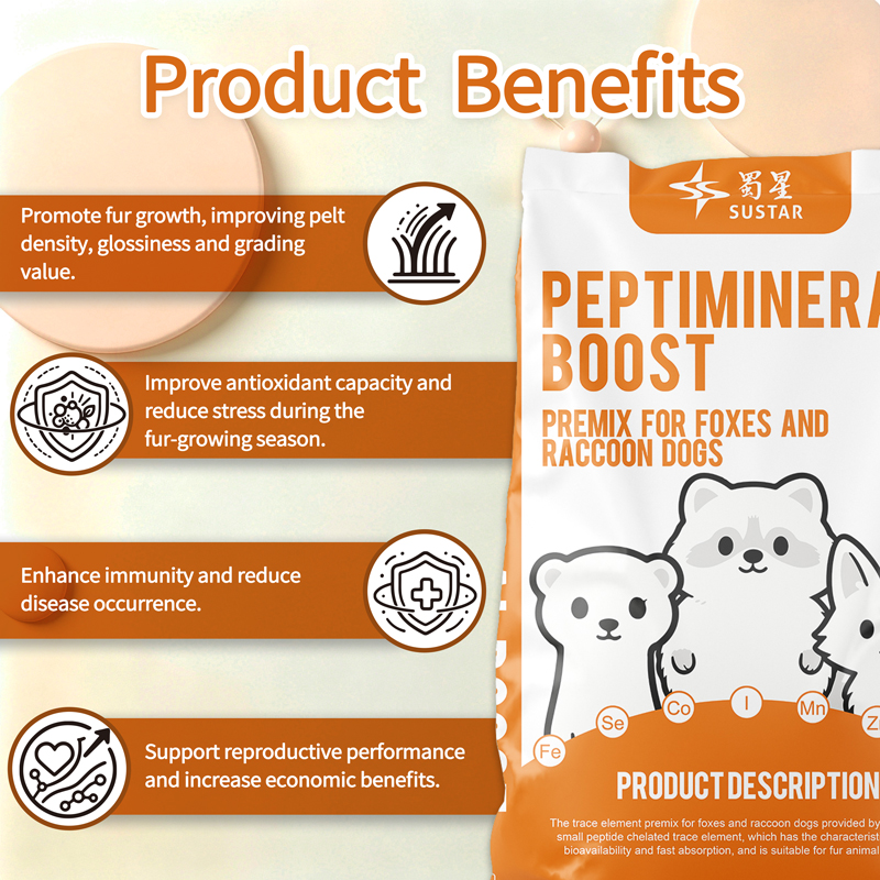 small peptide chelated mineral premix, trace mineral premix for foxes, raccoon dog feed additives, chelated trace elements for fur animals, organic mineral premix, high bioavailability mineral premix, animal feed additives China, SUSTAR PeptiMineral Boost, H101 premix, small peptide chelates for livestock, mineral premix for carnivores, fur animal nutrition