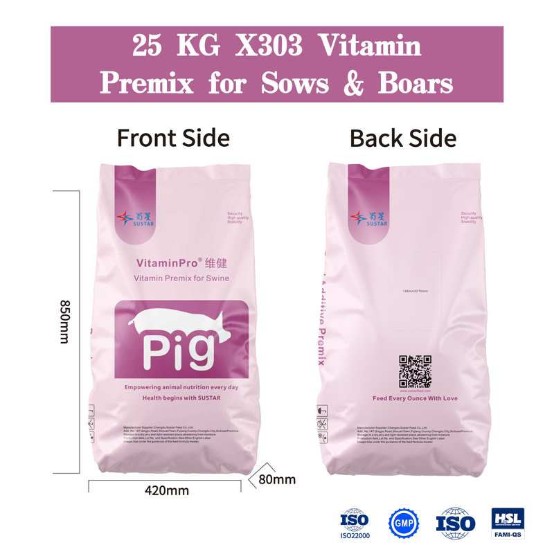 Vitamin Premix for Breeding Pigs SUSTAR VitaminPro® X303We have five own factories in China, FAMI-QS/ ISO/ GMP Certified, with a complete production line. We will supervise the entire production process for you to ensure the high quality of the products.
Any inquiries we are happy to reply, pls send your questions and orders.
